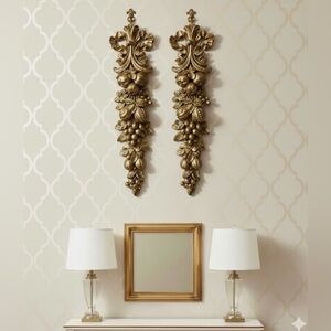 Large Vtg. 60s Syroco Wood Old World Hollywood Regency gold tone wall hangings.